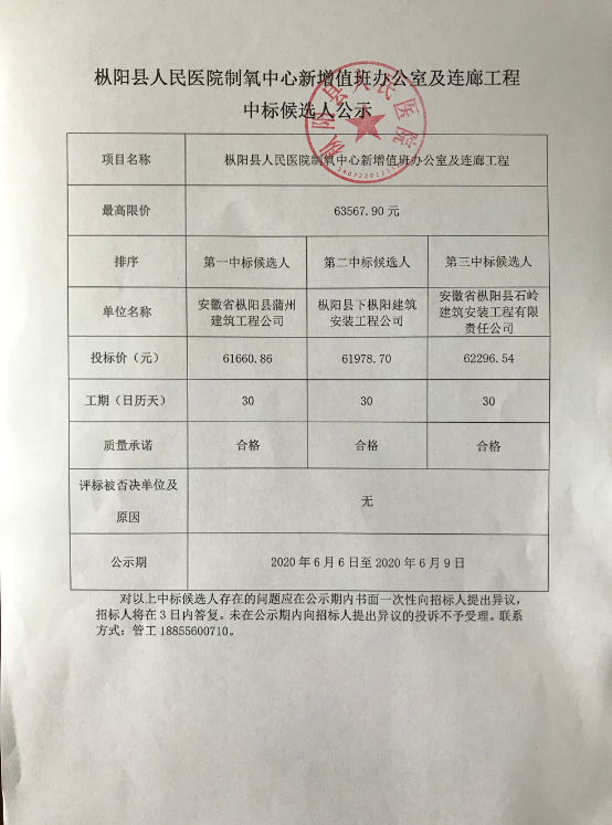 枞阳县人民医院制氧中心新增值班办公室及连廊工程中标候选人公示